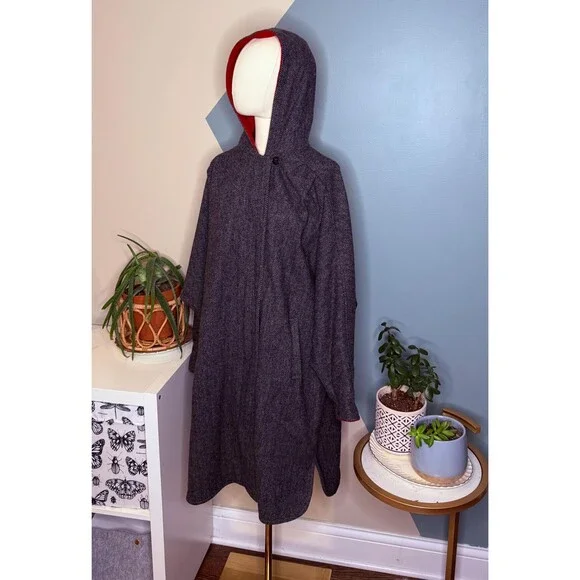 Vintage 90s Wool Hooded Swing Coat Cocoon Dolman Herringbone Small - Picture 11 of 14